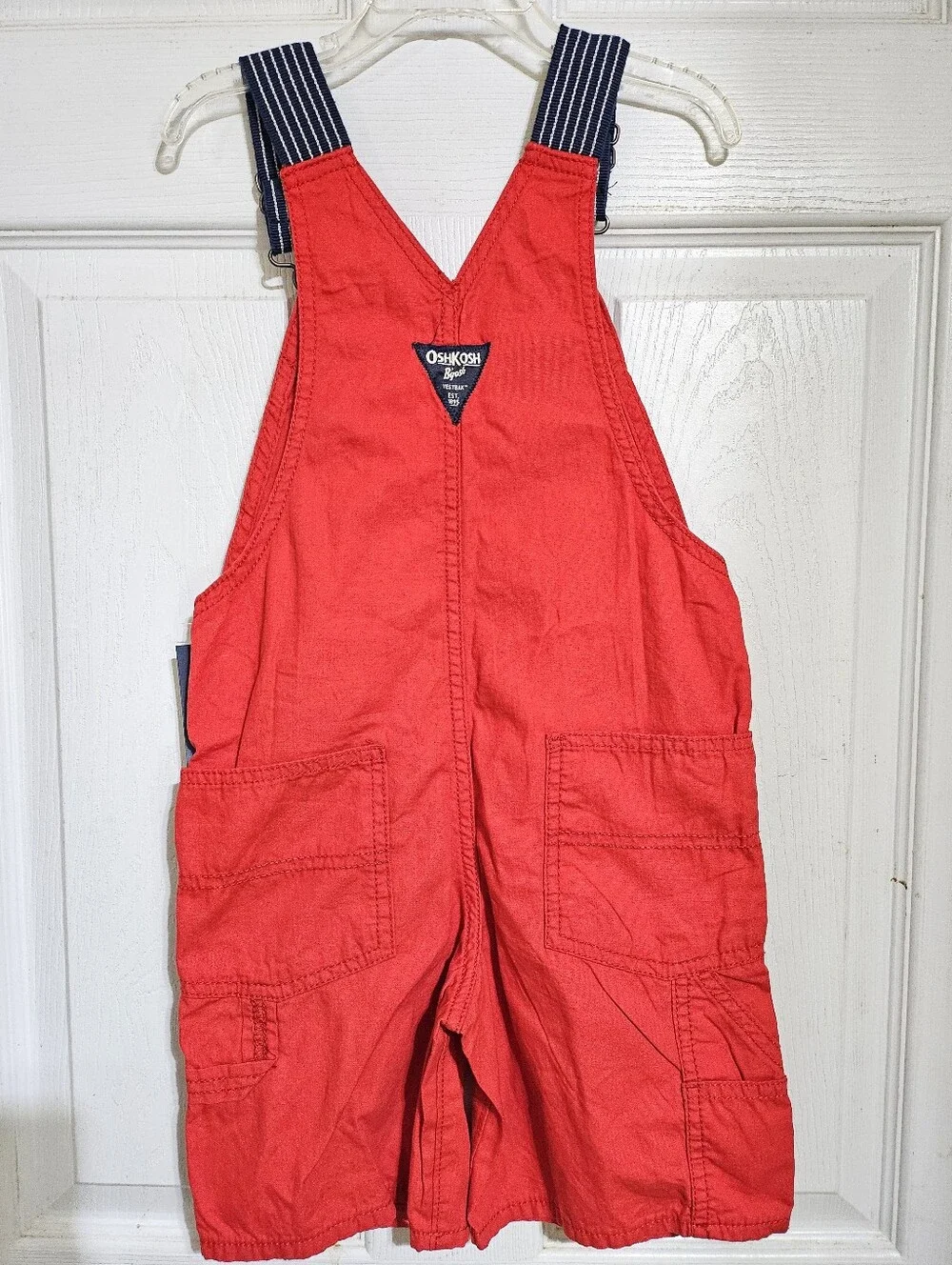 OSHKOSH B'GOSH TODDLER RED NAVY STRIPE STRAP SHORTALLS OVERALLS UNISEX 5T